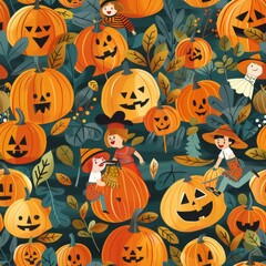 seamless pattern of vibrant pumpkin patch with happy children playing