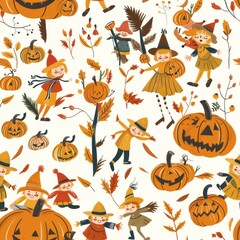 Fototapeta premium seamless pattern of vibrant pumpkin patch with happy children playing