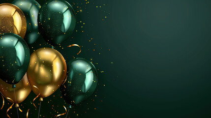 Deep green and gold balloons with deep green background and confetti wallpaper for birthday card, greeting card, celebration, anniversary.