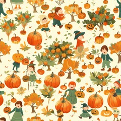 Naklejka premium seamless pattern of vibrant pumpkin patch with happy children playing