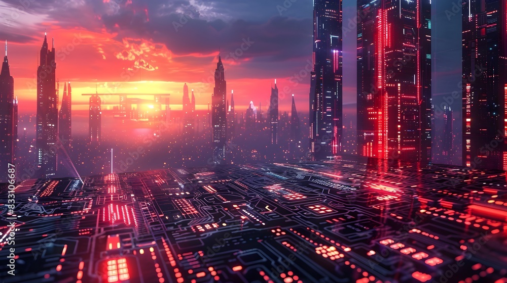 Aufkleber futuristic metropolis with vibrant and dynamic infrastructure and advanced technology concept
