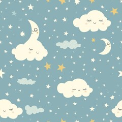 seamless night sky pattern with whimsical stars, clouds, and crescent moon