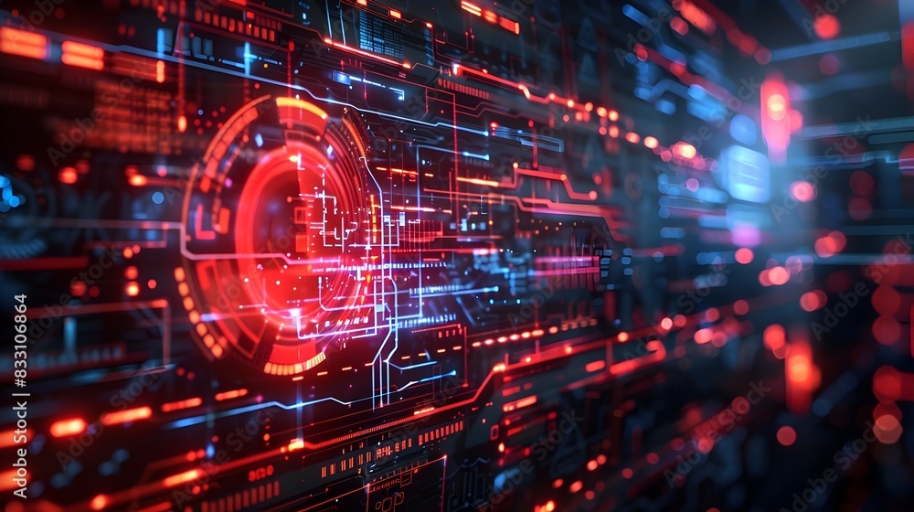 Poster futuristic cybersecurity interface with secure digital shields and intelligent data streams