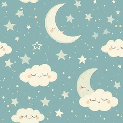Fototapeta premium seamless night sky pattern with whimsical stars, clouds, and crescent moon