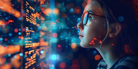 Futuristic Digital Tutor Assisting Student with Powered Educational App in Vibrant Cityscape