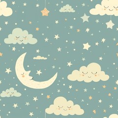 seamless night sky pattern with whimsical stars, clouds, and crescent moon
