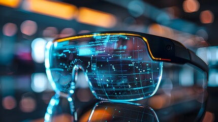 Futuristic Augmented Reality Glasses Overlaying Digital Data and Information with Glowing Holographic Interface in Sci Fi Background