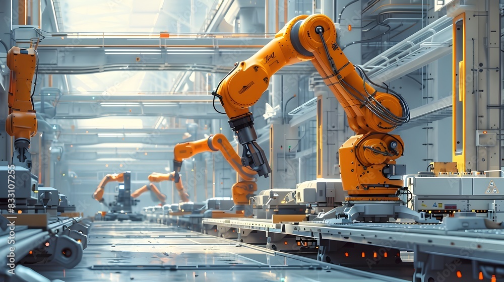 Poster conceptual art of smart factory with robotic assembly and iot modern efficient technology concept