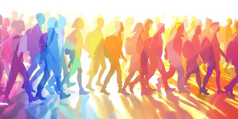 A group of people walking down a street. The people are walking in a line and are of different colors