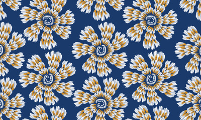Hand draw Ikat floral seamless pattern .Ikat oriental embroidery. Aztec style abstract vector illustration.blue background.great for textiles, banners, wallpapers.