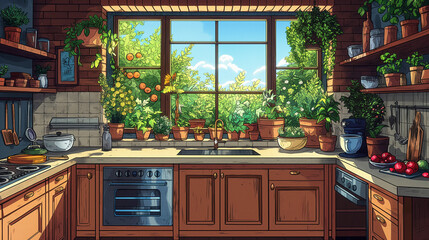 Bring your designs to life with vibrant colors and retro details in this high-quality, hand-drawn kitchen scene, ideal for adding a playful and nostalgic flair to your work.