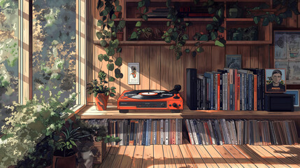 Bring your designs to life with vibrant colors and retro details in this high-quality, hand-drawn wall of living scene, ideal for adding a playful and nostalgic flair to your work.