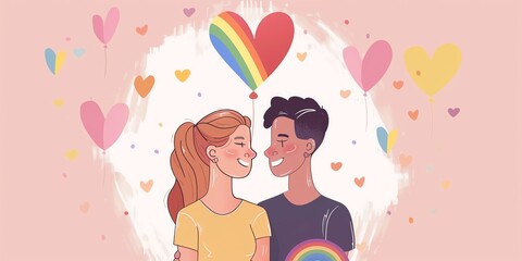 A couple holding hands and a rainbow heart. The man is wearing a rainbow shirt