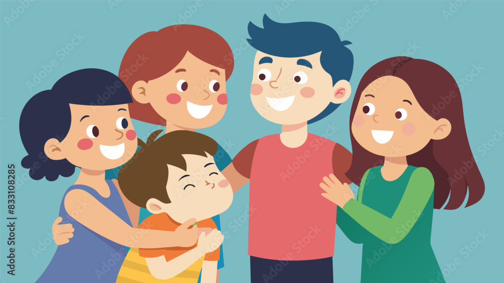 Poster a group of siblings huddled together sharing secrets and catching up on each others lives.. vector i