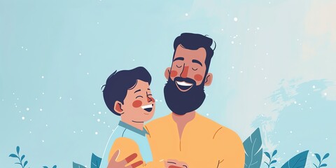 Happy father's day. Bearded man holding his son in his arms. Vector illustration in cartoon style.