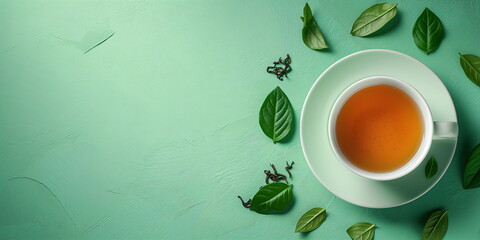 A steaming cup of tea in a green cup with scattered tea leaves on a green background, large copy space