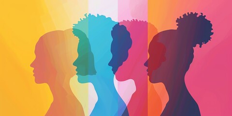 A group of people with different skin tones are shown in a colorful background. Concept of diversity and inclusivity, celebrating the beauty of different skin colors and cultures