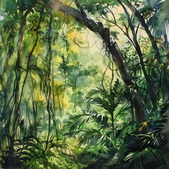 Watercolor painting of a dense jungle, with tangled vines and towering trees blocking out the sunlight, on isolated white background, Generative AI