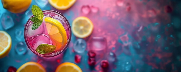 A vibrant pink cocktail with ice, lemon slices, and mint in a glass, surrounded by scattered ice cubes, cranberries, and lemon halves on a colorful surface with dramatic lighting
