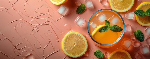 Iced orange tea with lemon slices, mint leaves, and ice cubes on a pink background. Top view photo  for banner, flyer, poster, card with copy space