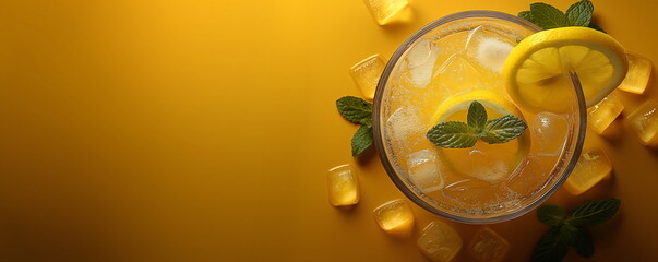 Refreshing lemon iced tea with mint leaves, lemon slices, and ice cubes on a yellow background. Top view photo for banner, flyer, poster, card with copy space