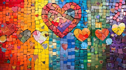 Obraz premium 22. A mosaic made up of rainbow-colored tiles, each depicting different symbols of love, family, and equality. The overall image represents unity and inclusivity within the LGBTQ+ community