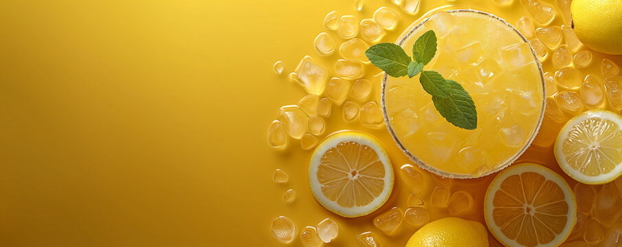 Iced lemonade with lemon slices, ice cubes, and mint leaves on a vibrant yellow background. Top view photo  for banner, flyer, poster, card with copy space