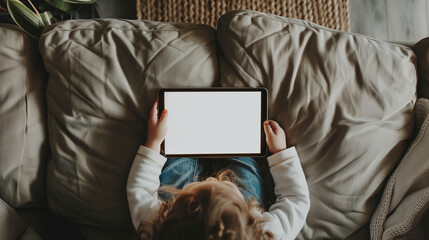 little boy sitting while holding a tablet with a blank white screen highlighting the child's curiosity and focus, Ai Generated Images