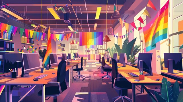 7. An illustration of a modern workplace environment where everything from desks to computers is adorned with rainbow colors. Symbols of inclusion and diversity, such as flags and supportive