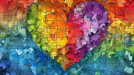 16. An artistic depiction of rainbow-colored puzzle pieces fitting together to form a heart. Each puzzle piece has symbols of love, family, and unity, representing how different parts of the LGBTQ+