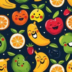 seamless pattern of cheerful dancing cartoon fruits