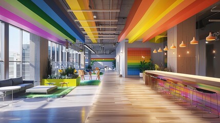 18. A modern workplace environment with rainbow-colored elements integrated into the design. Symbols of inclusion, such as pride flags and supportive messages, are displayed throughout, promoting