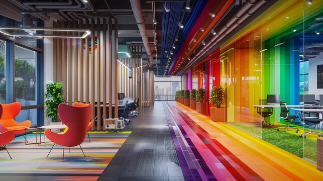 18. A modern workplace environment with rainbow-colored elements integrated into the design. Symbols of inclusion, such as pride flags and supportive messages, are displayed throughout, promoting