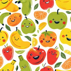 seamless pattern of cheerful dancing cartoon fruits