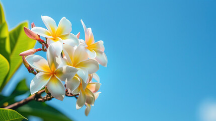 Obraz premium Beautiful close up of plumeria flower with clear blue sky under the sunlight for background and wallpaper