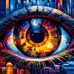 illustration mosaic collage of an abstract detailed eye morphing into urban cityscape