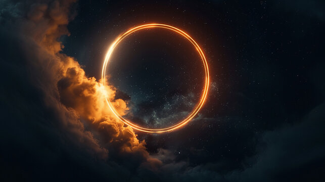 Abstract clouds in a dark night sky lit by a glowing champagne neon ring, 3D panoramic frame,
