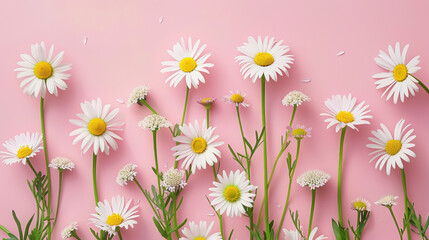 Obraz premium Daisy flowers with plain and clean pink pastel background for wallpaper or lock screen. vector illustration.
