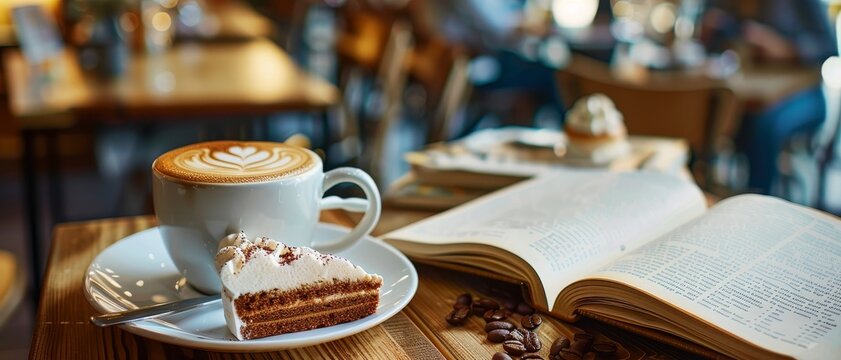 A cozy cafe scene featuring a latte with beautiful latte art, a slice of cake, and an open book on a wooden table.