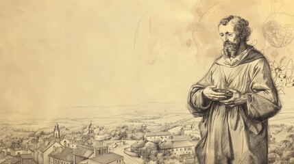 Fototapeta premium St. Vincent de Paul Serving the Poor in 17th-Century France, Biblical Illustration, Beige Background, Copyspace