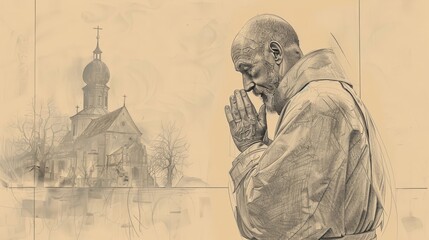 Fototapeta premium St. Wolfgang of Regensburg Praying at 10th-Century German Church, Biblical Illustration, Beige Background, Copyspace