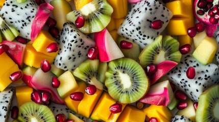 A close-up of a colorful tropical fruit salad featuring kiwi, mango, pomegranate, and dragon fruit, showcasing their vibrant textures.