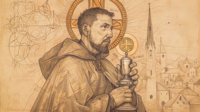 St. Norbert Holding Monstrance in Medieval Abbey, Biblical Illustration, Beige Background, Copyspace