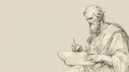 St. Luke the Evangelist Writing in 1st-Century Church, Biblical Illustration, Beige Background, Copyspace