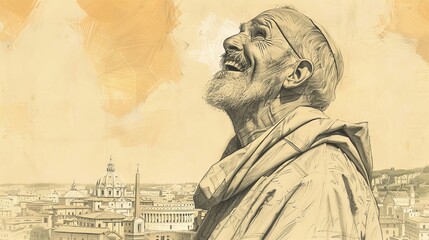 St. Philip Neri in Moment of Joy, Rome, Biblical Illustration, Beige Background, Copyspace