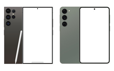 Samsung Galaxy S23, and S24 Ultra. New Release Android Smartphone mockup on white background. Realistic vector mock up. Vector illustration.