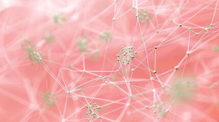 Soft and rich vector backdrop with coral pink wireframe and olive green plexus links,