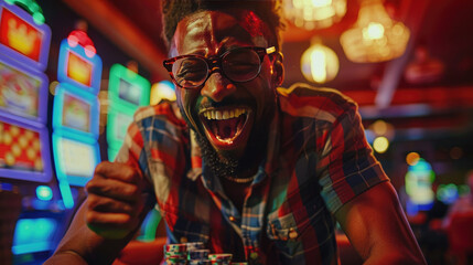 Obraz premium A Excited Man Victorious in Poker Game at Casino