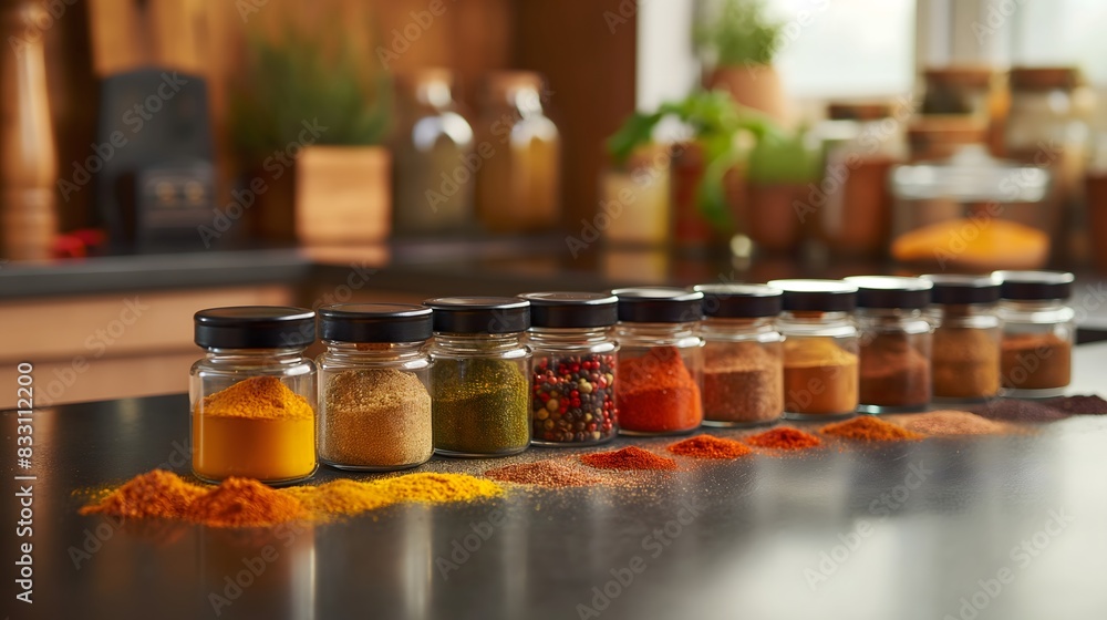 Poster 15. a colorful array of spices arranged neatly on a kitchen counter, appealing to food enthusiasts