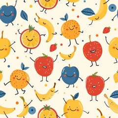 whimsical seamless pattern of fruit characters with smiley faces